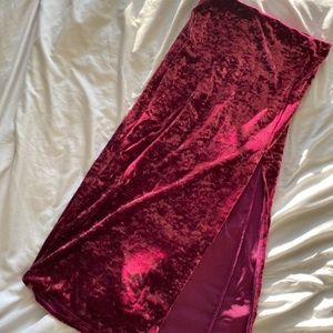 Burgundy Crushed Velvet Midi Skirt w/ Slit